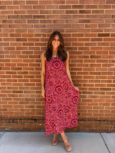 Strapless Pink and Red Floral Maxi Dress