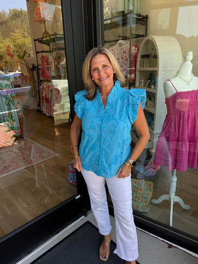 Blue Floral Appliqué Flutter Sleeve Top