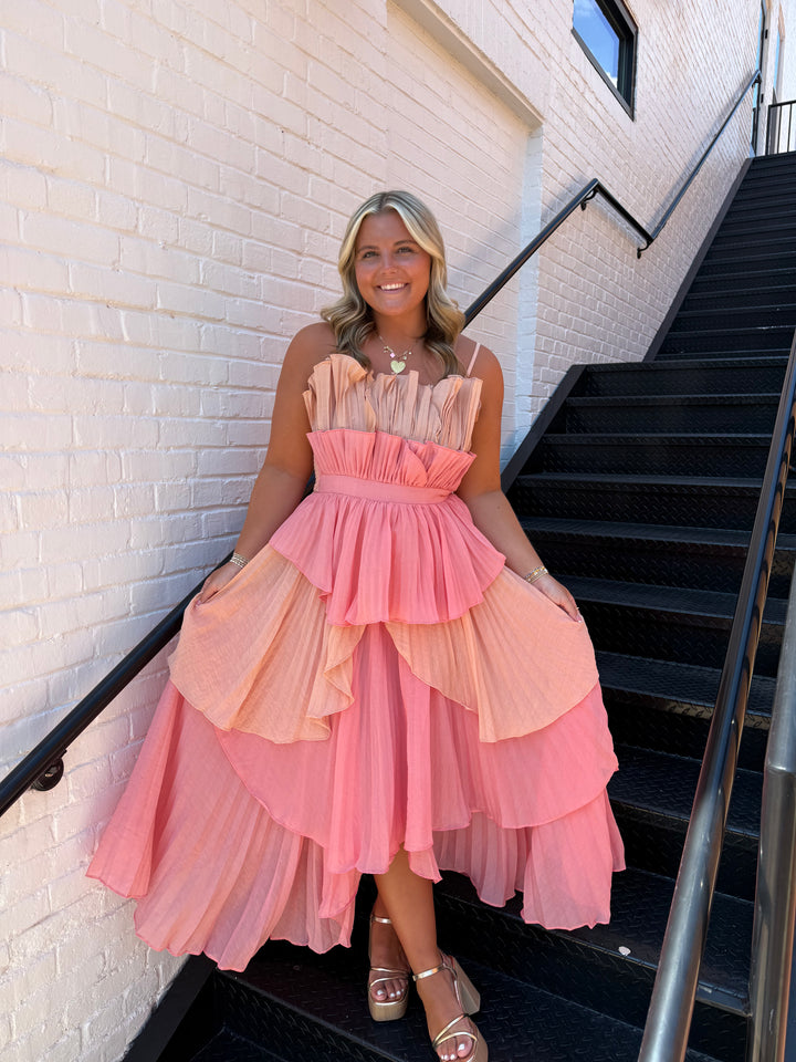 Pleated Layered Ruffle Maxi Dress- Coral Multi – The Kindred Boutique