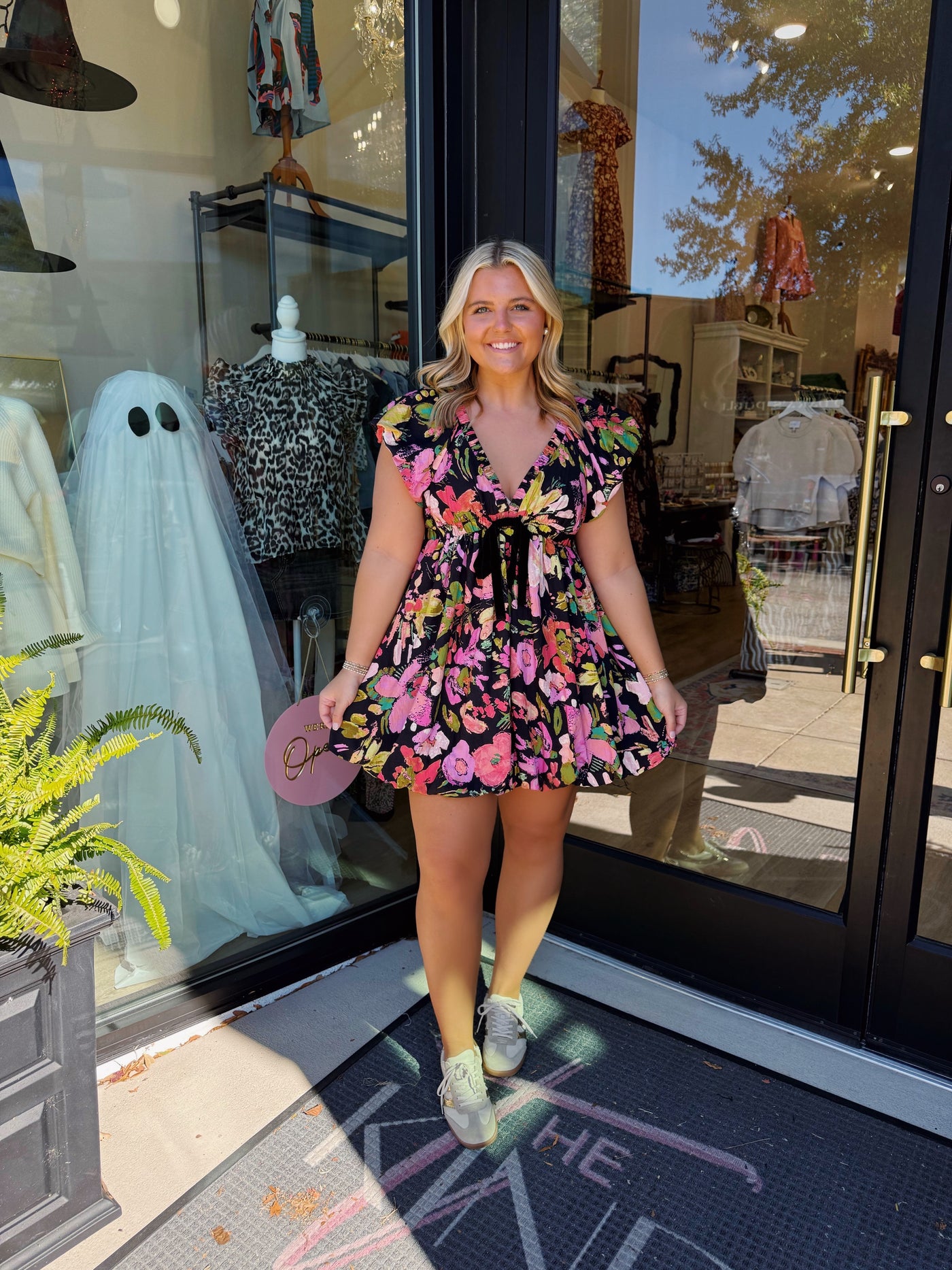 Midnight Garden Bow Trim Mini Dress