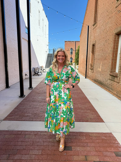 Twist Detail Green Floral Maxi Dress