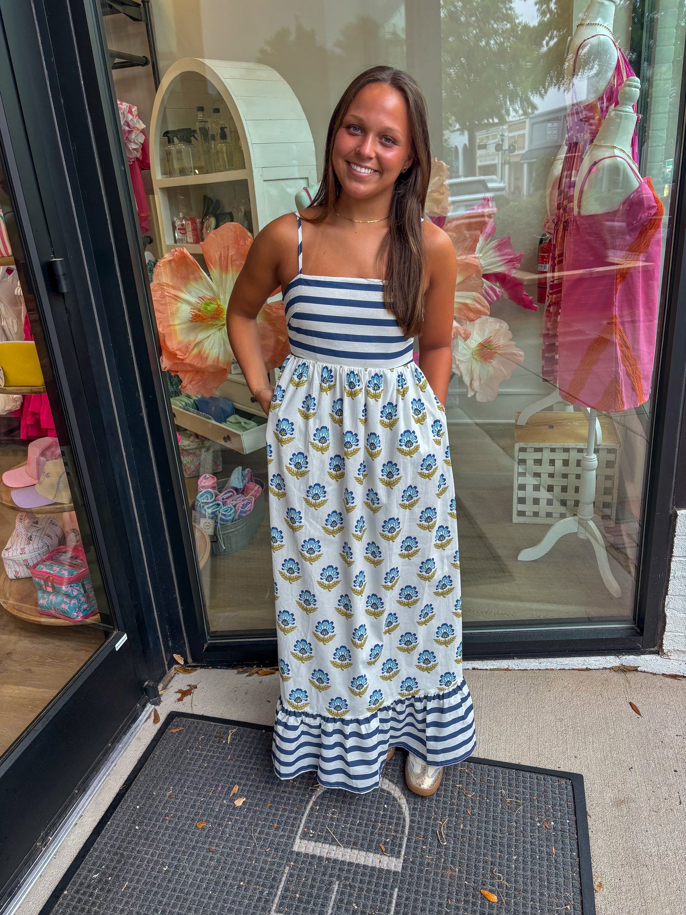 Stripe and Block Print Midi Dress