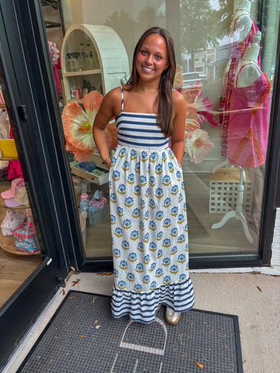 Stripe and Block Print Midi Dress