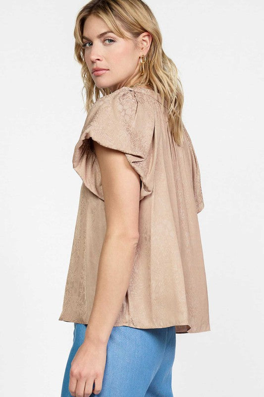 Jacquard Bubble Sleeve Top-Sandy Taupe