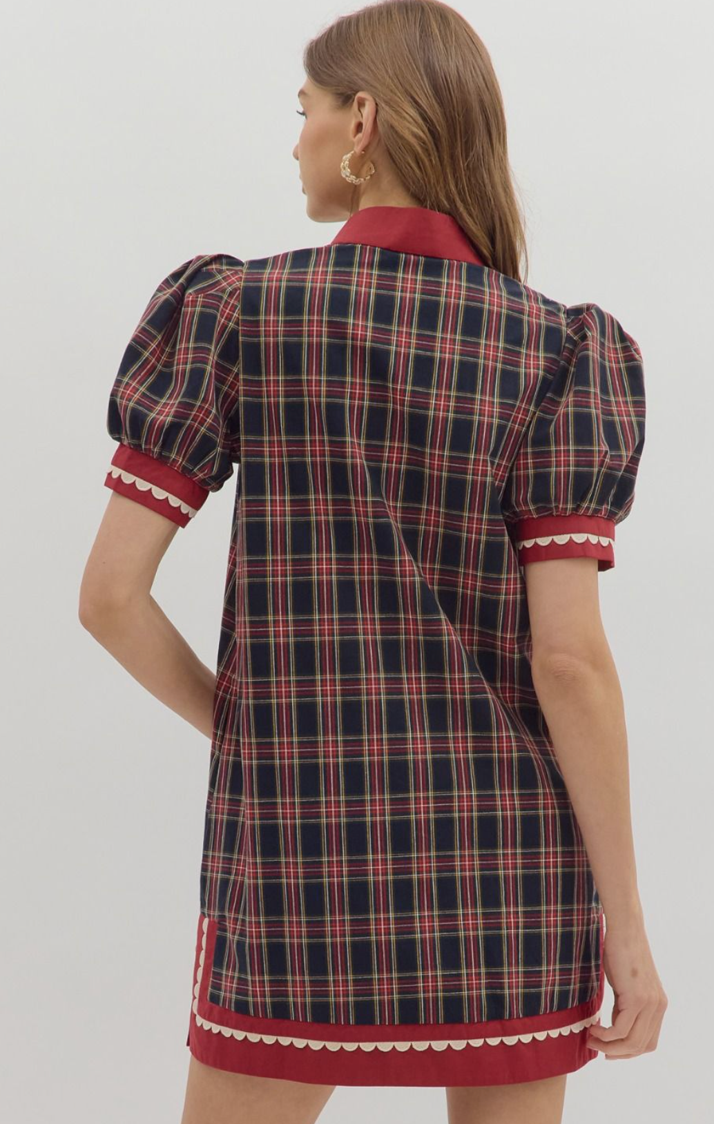 Navy Plaid Puff Sleeve Mini Dress