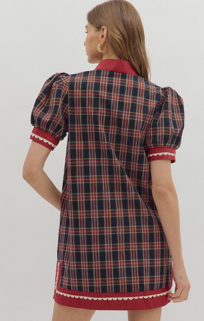 Navy Plaid Puff Sleeve Mini Dress
