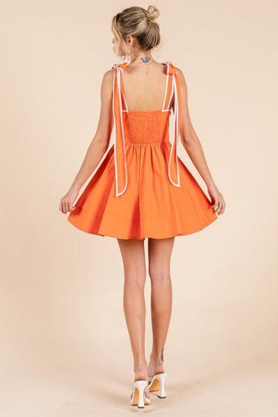 Orange Square Neck Bow Strap Mini Dress