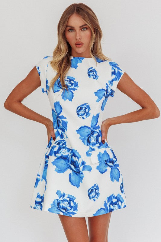 Bold Blue Floral Fitted Mini Dress
