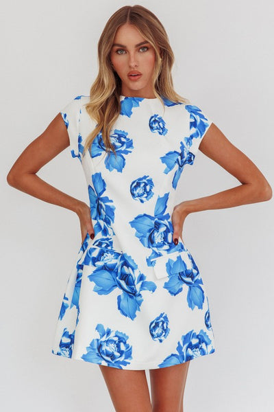 Bold Blue Floral Fitted Mini Dress