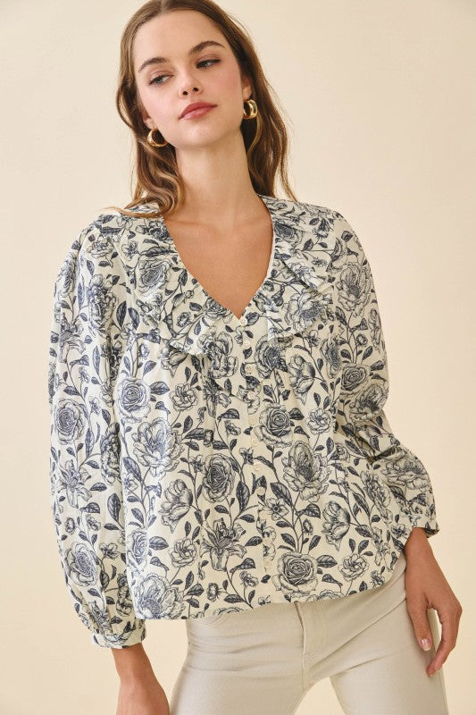 Floral Print Ruffled V-Neck Top