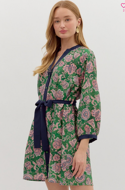 Paisley Pattern Button Front Dress-Green