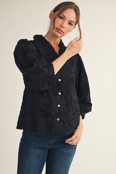 Black Button Down 3D Floral Top