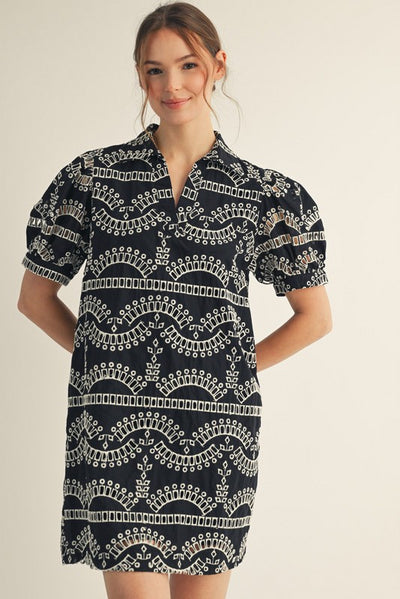 Black Geometric Pattern Dress With Pockets