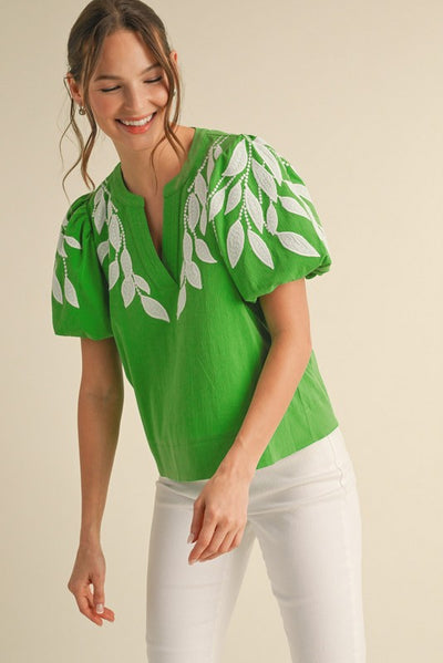 Leaf Embroidered Puff Sleeve Top