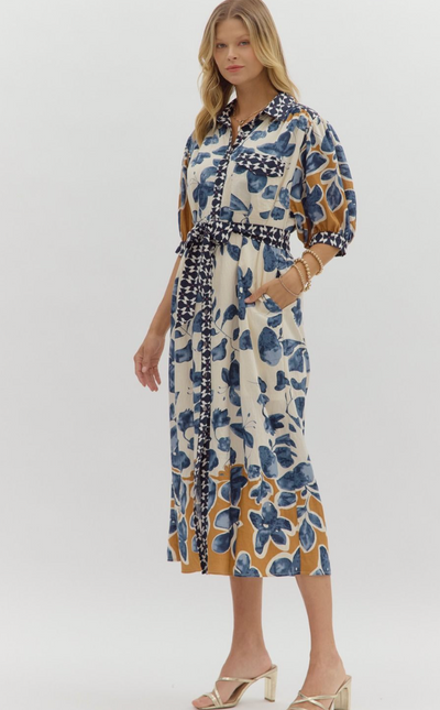 Fall Botanical Print Midi Dress