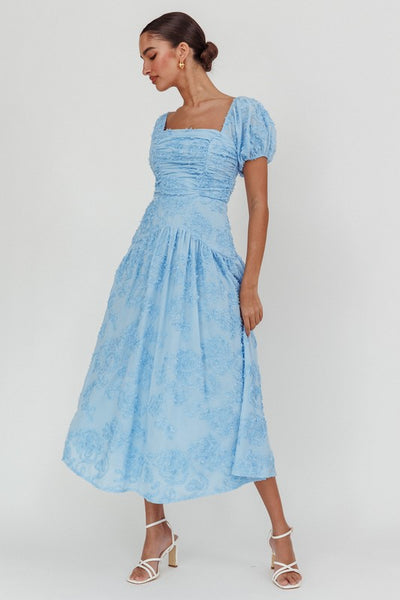 Blue Puff Sleeve Embellished Fabric Maxi Dress