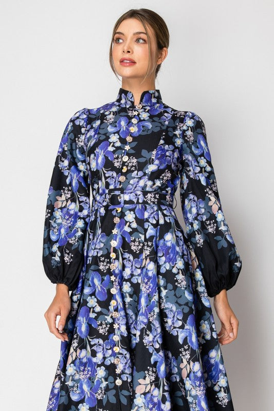 Button Detail Floral Print Belted Midi Dress