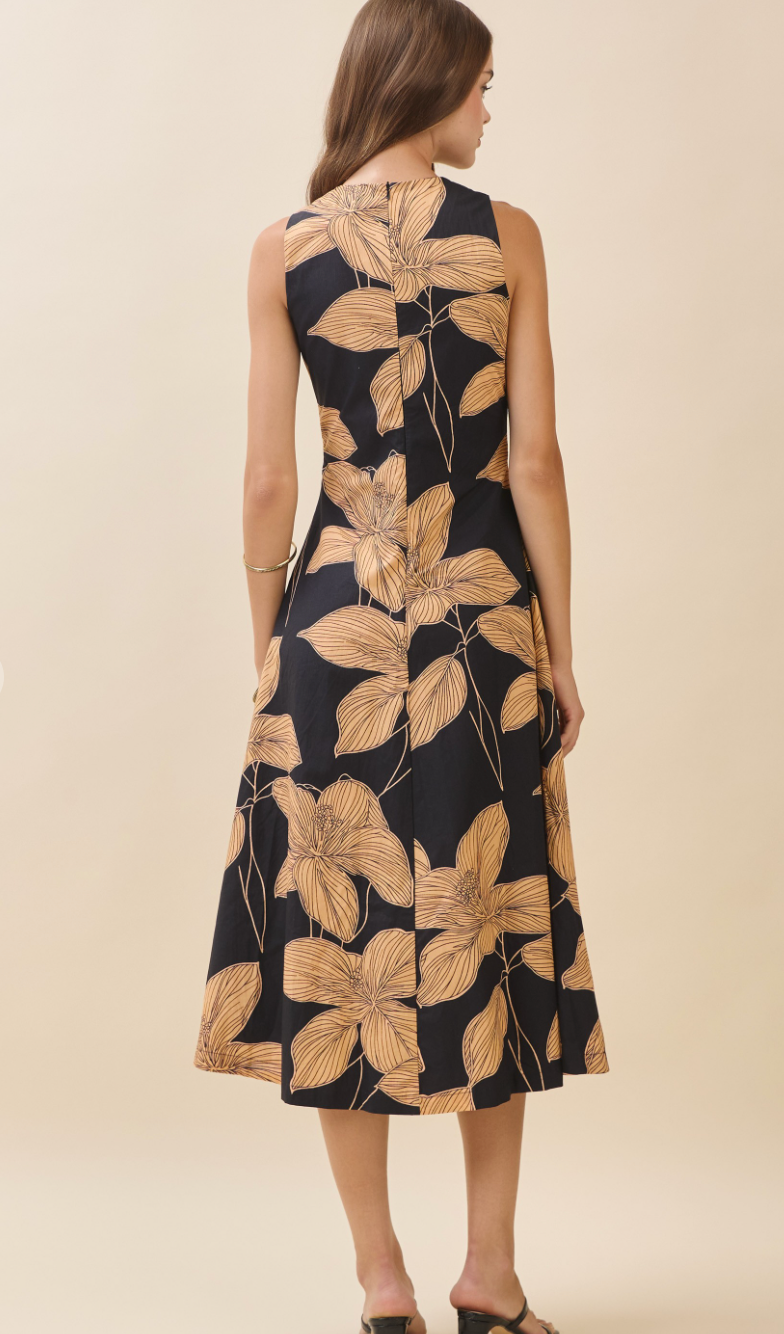 Bold Floral Print High Crew Neck Midi Dress
