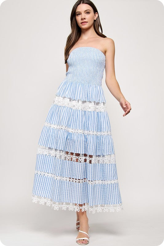 Eyelet Embroidered Lace Tube Dress- Blue Stripes