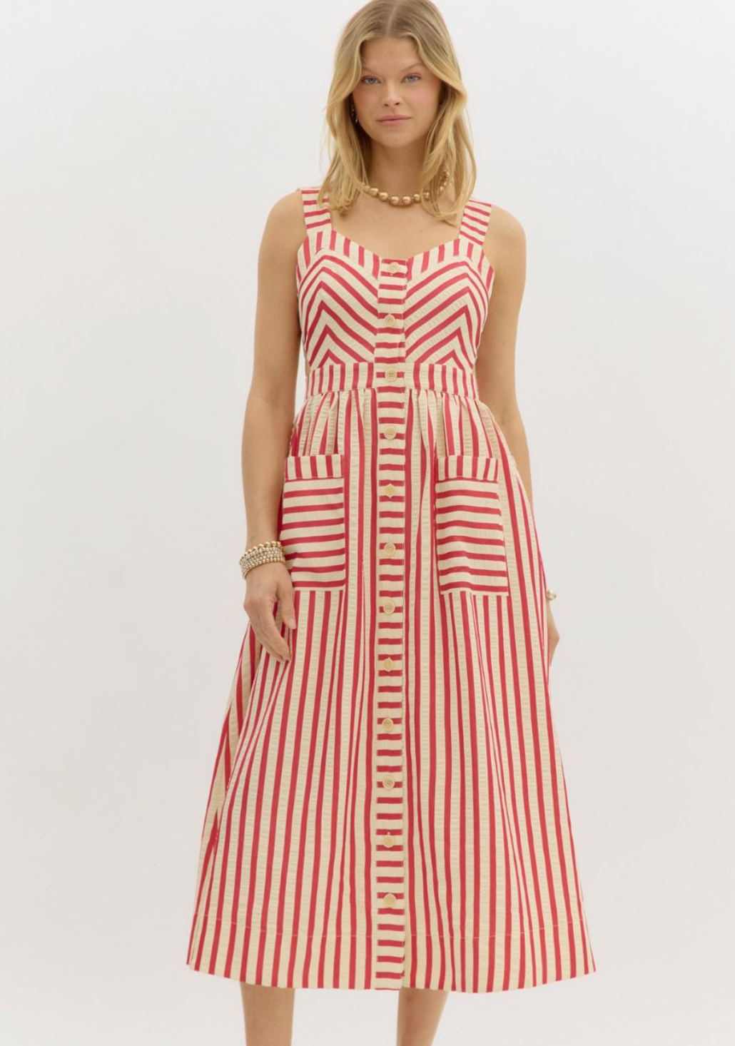 Red Striped Cutout Midi Dress