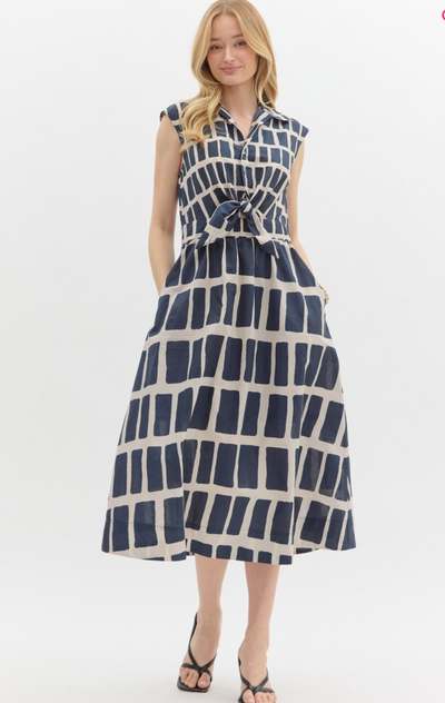 Abstract Print Waist Tie Dress- Navy