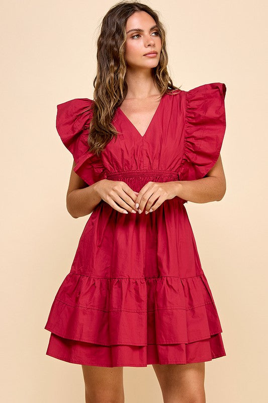 Poplin Ruffle Sleeve Dress- Garnet