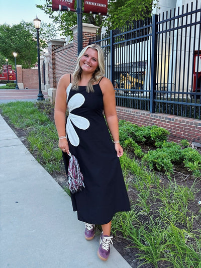 Sleeveless Side Cut-Out Flower Midi Dress- Black