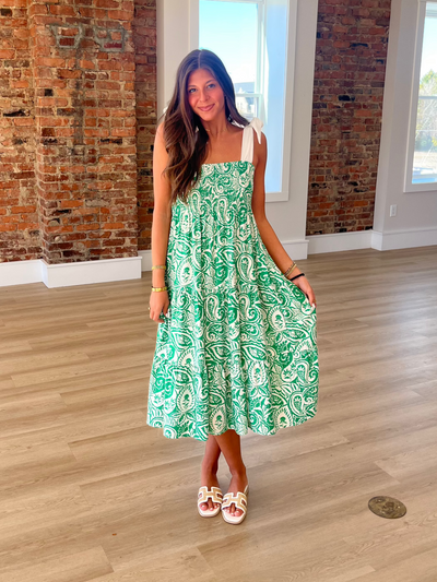 Green Paisley Tie Strap Maxi Dress