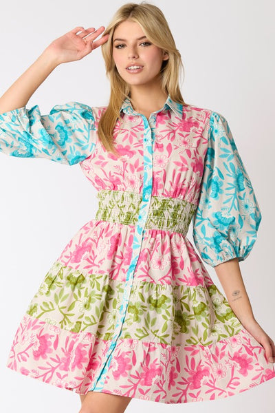 Bright Mixed Floral Print Tiered Dress