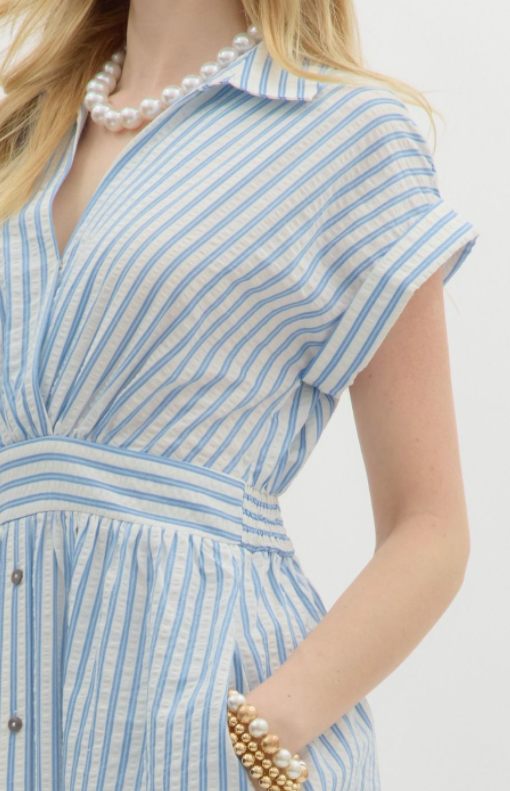 Blue Striped Faux Button Down Midi Dress