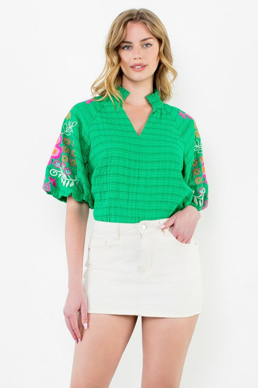 Green Textured Embroidered Sleeve Top