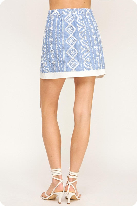 Blue Embroidery Contrast Panel Mini Skirt