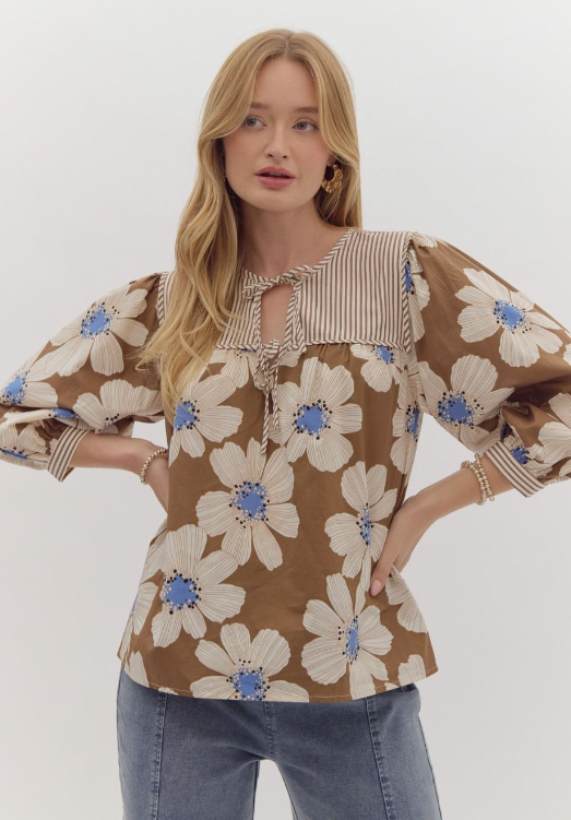 Bold Flower Print Balloon Sleeve Top