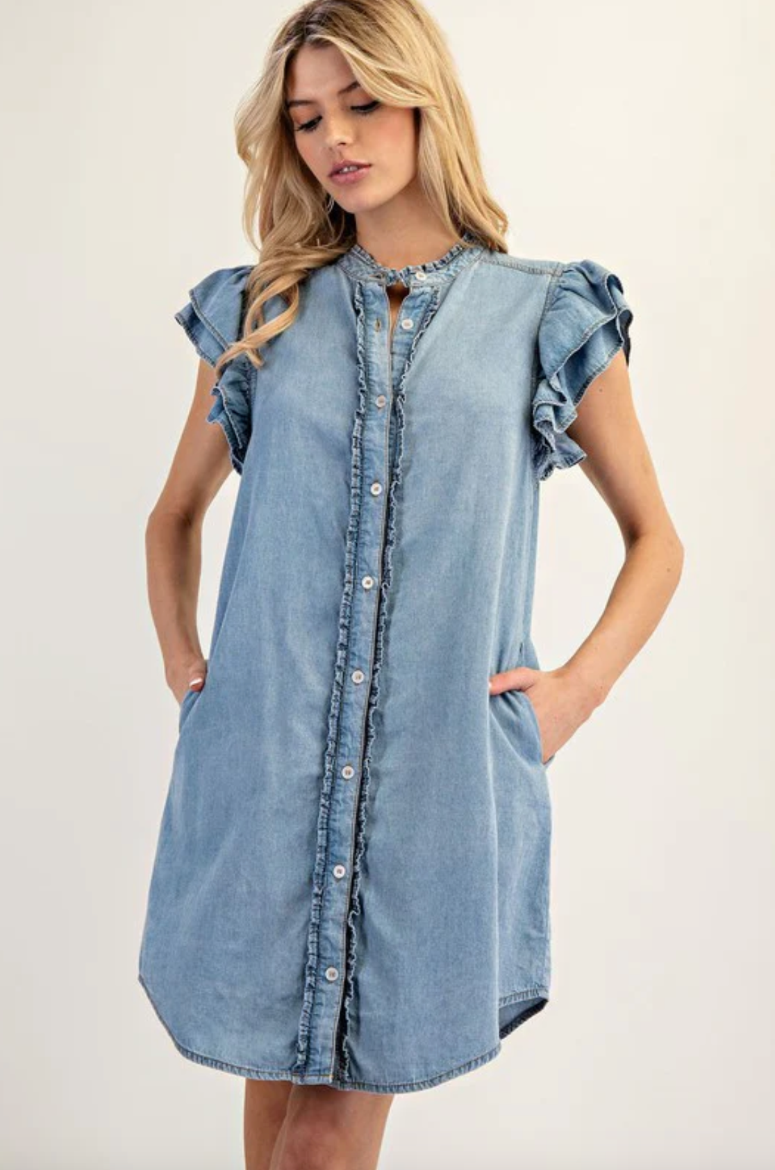 Ruffle Sleeve Denim Button Down Dress