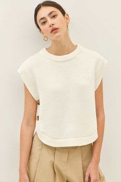 Round Neck Hi-lo Sweater Vest- Cream