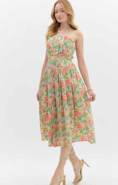Marigold Floral Strapless Midi Dress