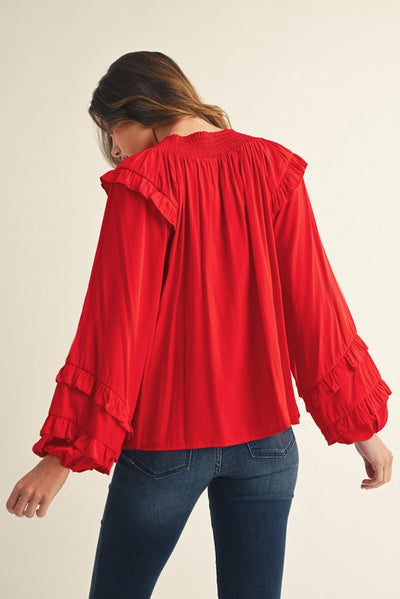 Red Ruffled Shoulder Long Sleeve Top