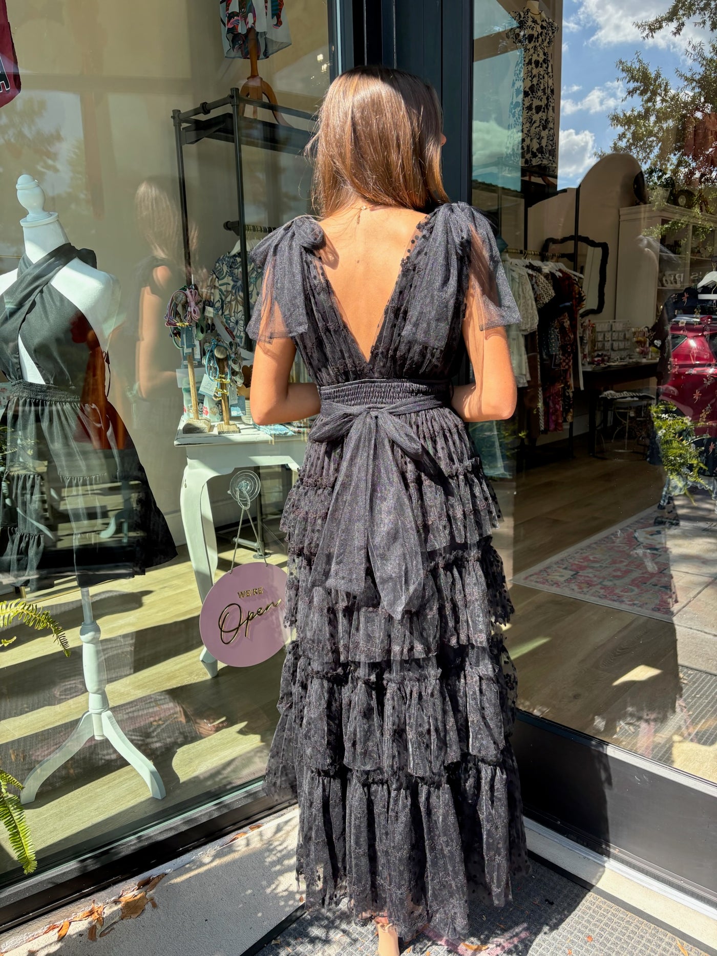 Dot Lace Mesh Tiered Maxi Dress- Black