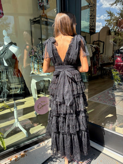 Dot Lace Mesh Tiered Maxi Dress- Black