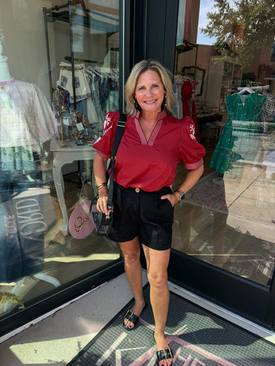 Garnet Embroidered Sleeve Top