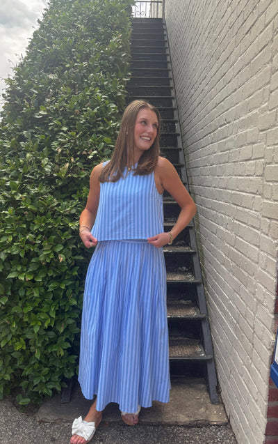 Blue Striped Midi Skirt Set