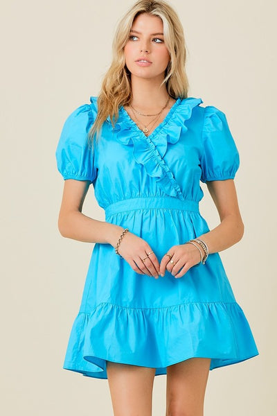 Maisey Ruffle Neck Dress- Sky Blue