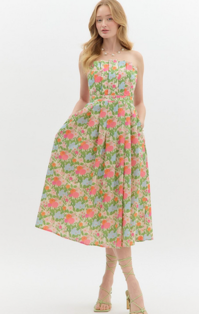 Marigold Floral Strapless Midi Dress