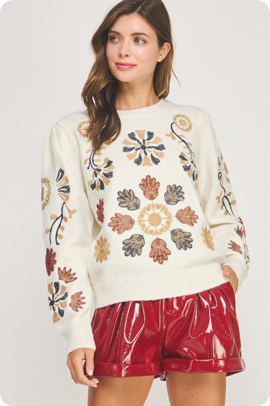 Cream Floral Embroidered Sweater