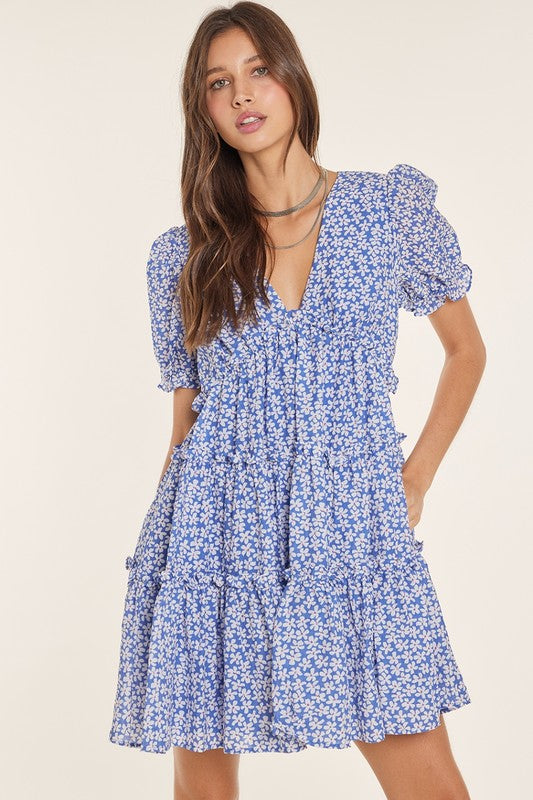 Sweet Blue Floral Babydoll Dress