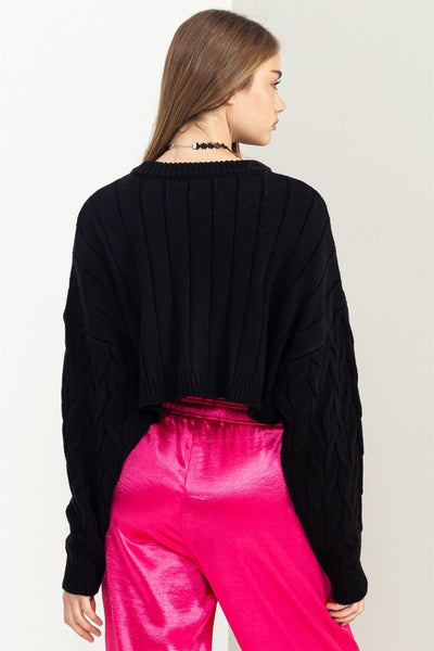Cropped Cable Knit Sweater-Black