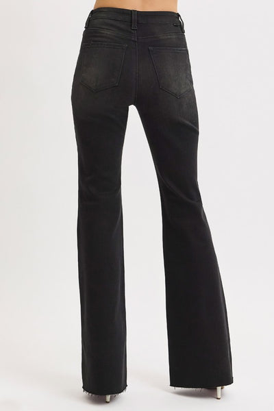 Black Wash High Rise Flare Raw Cut Hem Denim