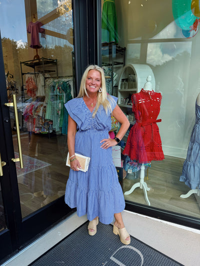 Blue Striped Flutter Sleeve Maxi Dress