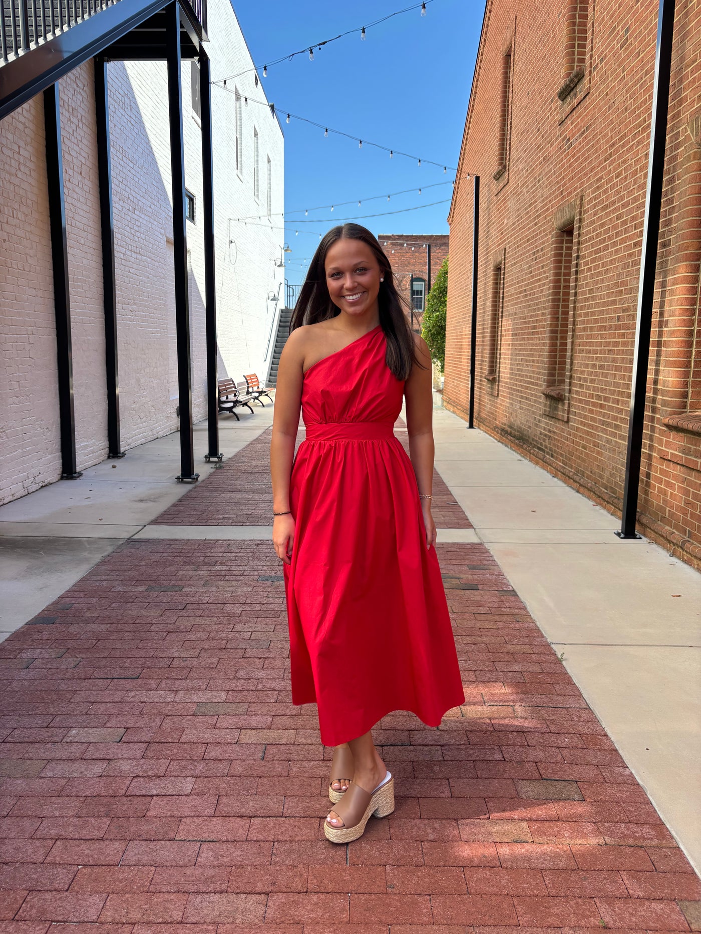 Red Poplin One Shoulder Maxi Dress