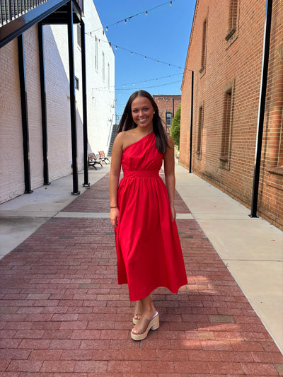 Red Poplin One Shoulder Maxi Dress